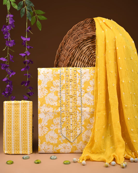 Yellow Cotton Gota Patti Work Suit With Chiffon Dupatta