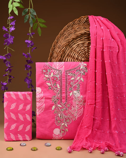 Pink Cotton Gota Patti Work Suit With Chiffon Dupatta