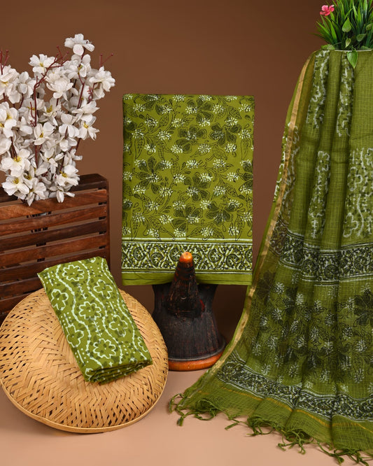 Exclusive Hand Block Printed Cotton Suit With Kota Doria