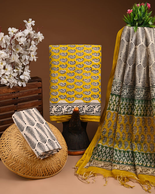 Exclusive Hand Block Printed Cotton Suit With Kota Doria Dupatta