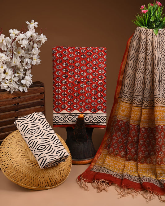 Exclusive Hand Block Printed Cotton Suit With Kota Doria Dupatta