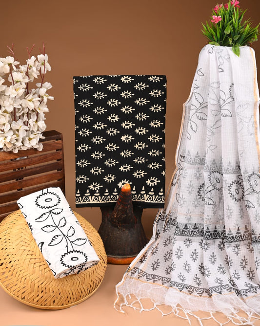 Exclusive Hand Block Printed Cotton Suit With Kota Doria Dupatta