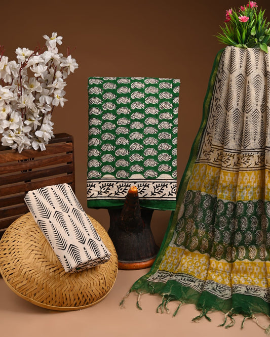 Exclusive Hand Block Printed Cotton Suit With Kota doria Dupatta