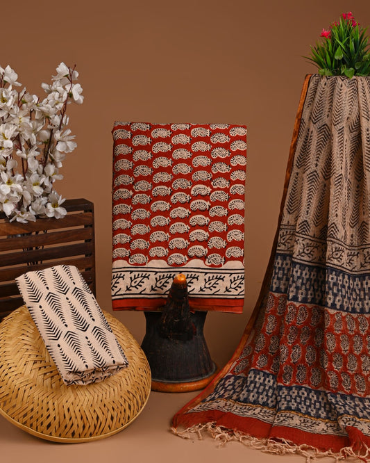 Exclusive Hand Block Printed Cotton Suit With Kota Doria Dupatta