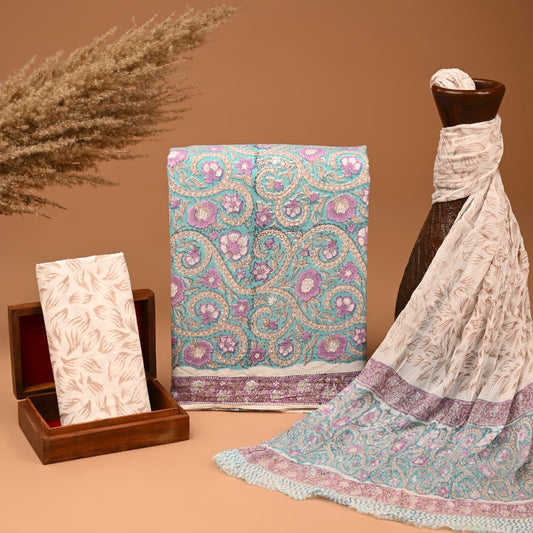 Premium Hand Block Printed Cotton Suit With Chiffon Dupatta