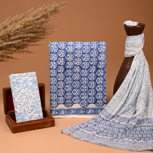 Hand Block Print Organic Cotton Suit With Chiffon Dupatta