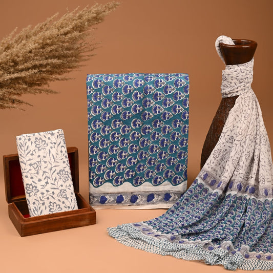 Hand Block Print Cotton Suit With Chiffon Dupatta