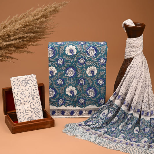 Exclusive Hand Printed Cotton Suit With Chiffon Dupatta