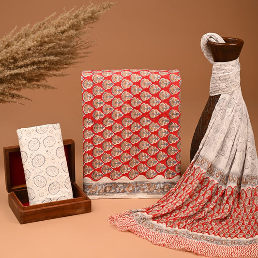Hand Printed Pure Cotton Suit With Chiffon Dupatta