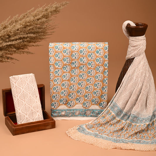 Bagru Hand Block Print Cotton Suit With Chiffon Dupatta