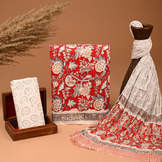 Exclusive Hand Block Printed Cotton Suit With Chiffon Dupatta