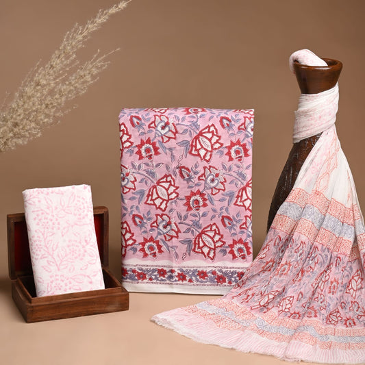 Pink Hand Block Print Cotton Suit With Chiffon Dupatta
