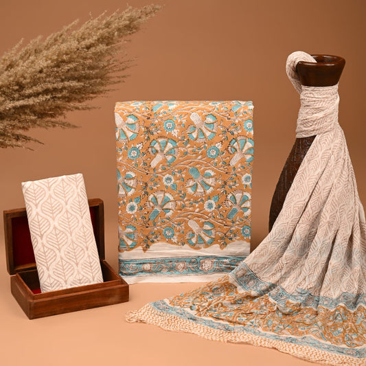 Hand Block Print Pure Cotton Suite With Chiffon Dupatta
