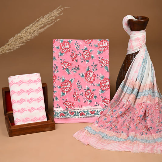 Pink Hand Block Print Cotton Suit With Chiffon Dupatta
