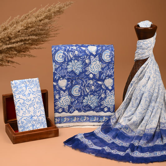 Blue Hand Block Printed Cotton Suit With Chiffon Dupatta