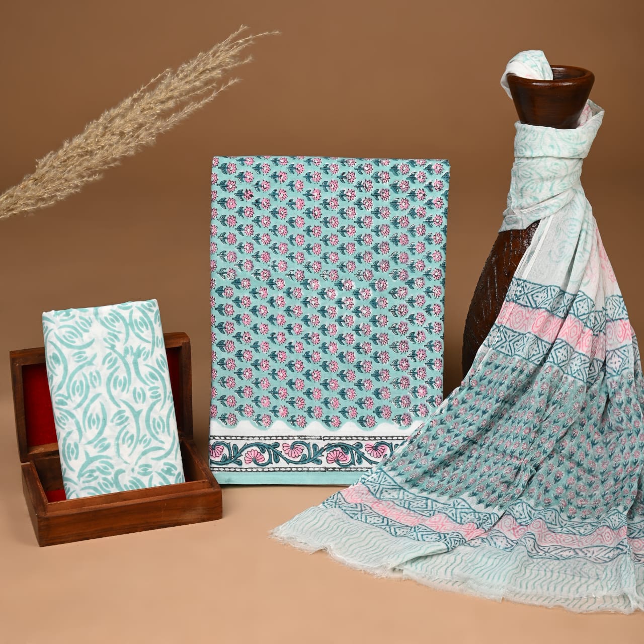 Premium New Hand Block Cotton Suit Set With Chiffon Dupatta