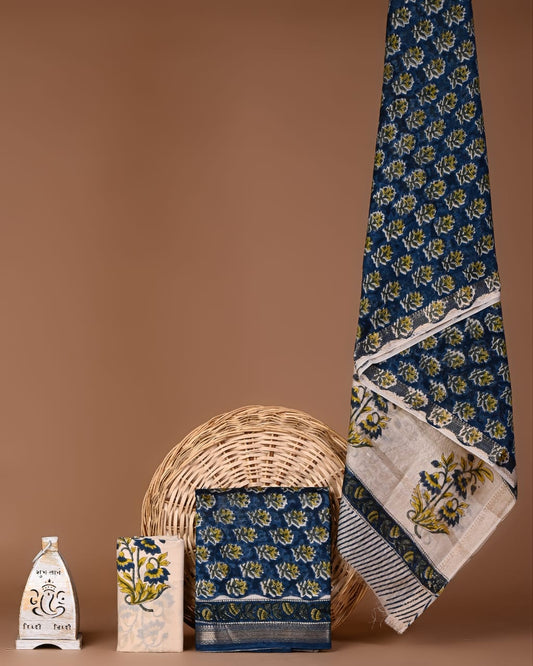 Bagru Hand Blcok Print Maheshwari Silk Suit Set