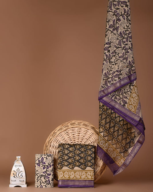 Premium Hand block Printed Maheshwari Silk Zari Border suit