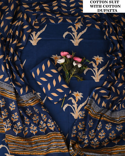 Blue Hand Block Printed Soft Cotton Suit Set (PCVCSCD53)