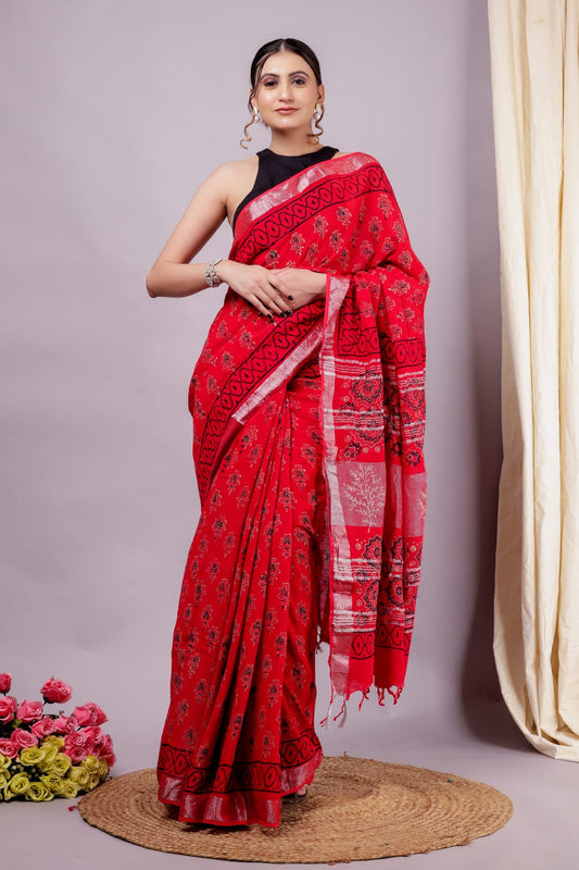 Premium  Hand Block Printed Pure Linen Saree