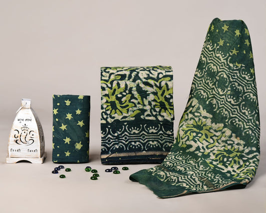 Green Hand Block Print Chanderi Silk Suit Set