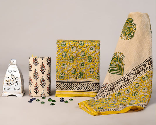 Yellow Hand Block Print Chanderi Silk Suit Set