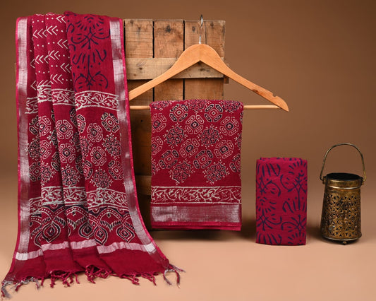Premium Hand Block Print Lilen Suit With Lilen Dupatta