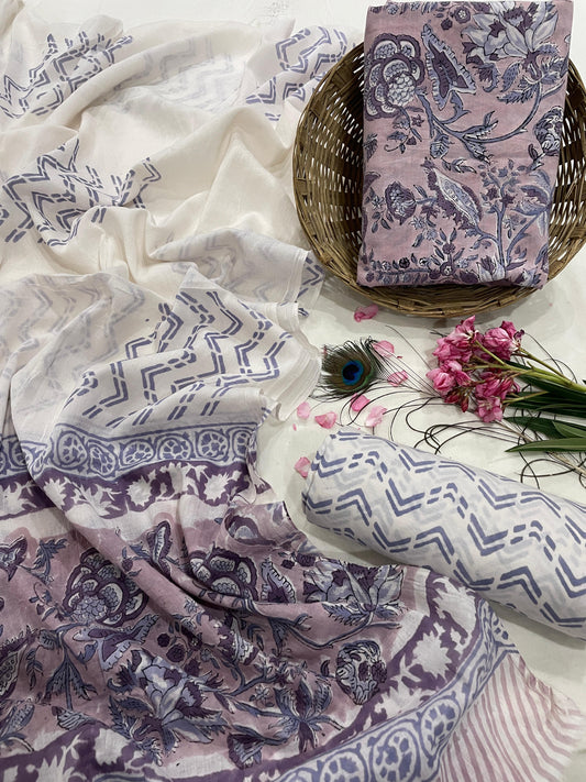 Hand Block print Cotton Suit With Mulmul Dupatta