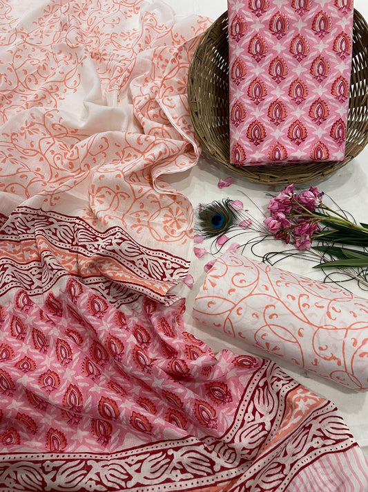 New Hand Block Printed Cotton Suit Set With Mulmul Dupatta