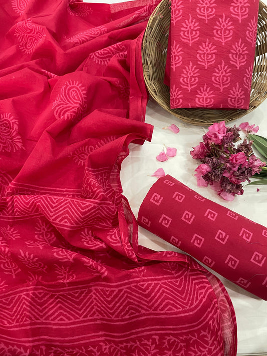 Red Hand Block Print Cotton Suit Set With Mulmul Dupatta