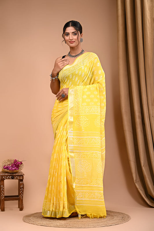 Naturally Dyed Hand Printed Linen Saree