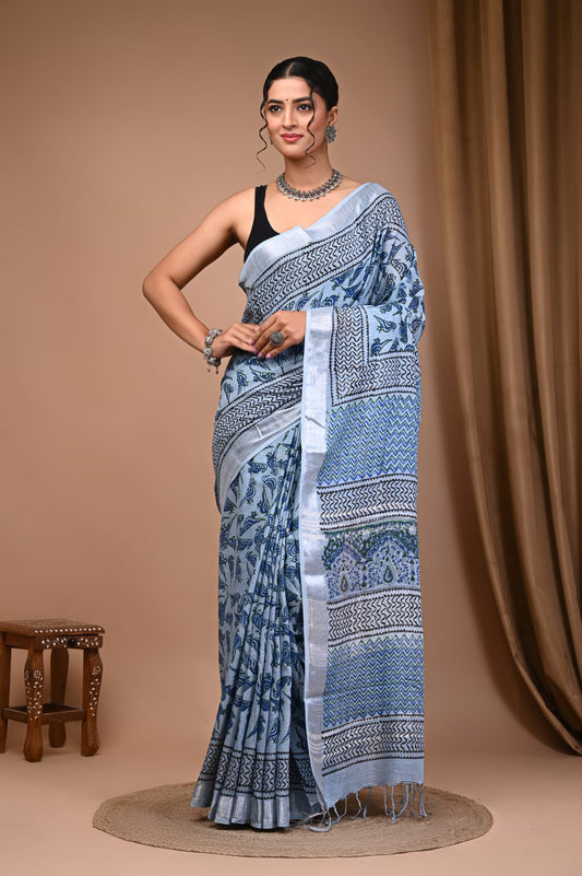 Premium Handloom Linen Saree With Artistic Hand Prints