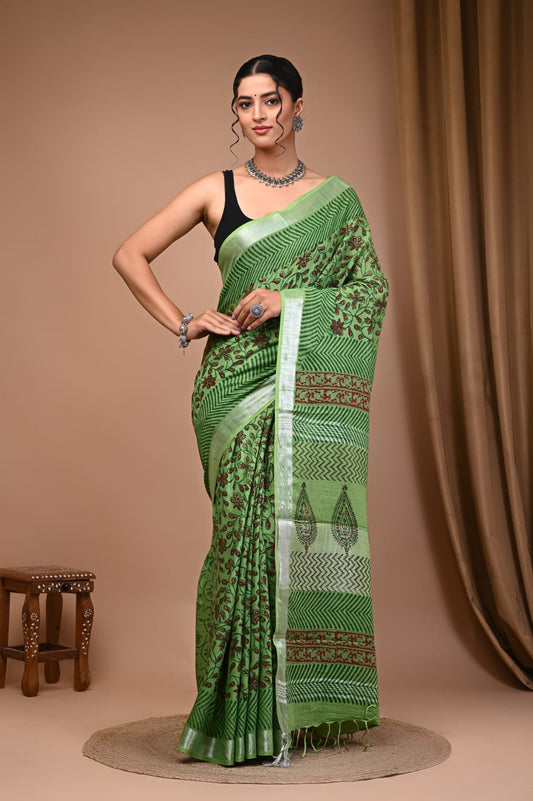 Breathable Linen Saree Elegance Hand Printed Art in Every Drape