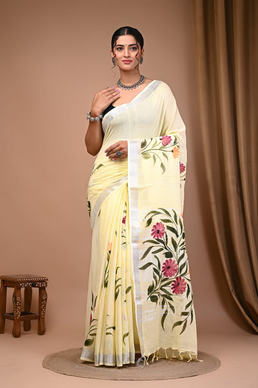 Handcrafted Linen Saree With Ethnic Prints - Pure & Timeless