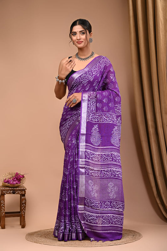 Pure Linen Saree With Delicate Hand Printed Patterns