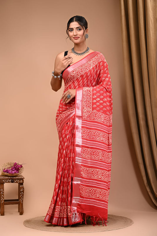 Soft Linen Saree With Natur-Inspired Hand Prints
