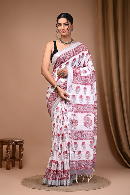 Artisan Hand Printed Linen Saree