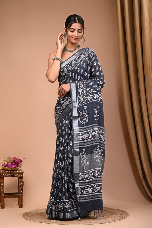Eco-Chic Linen Saree With Handmade Prints