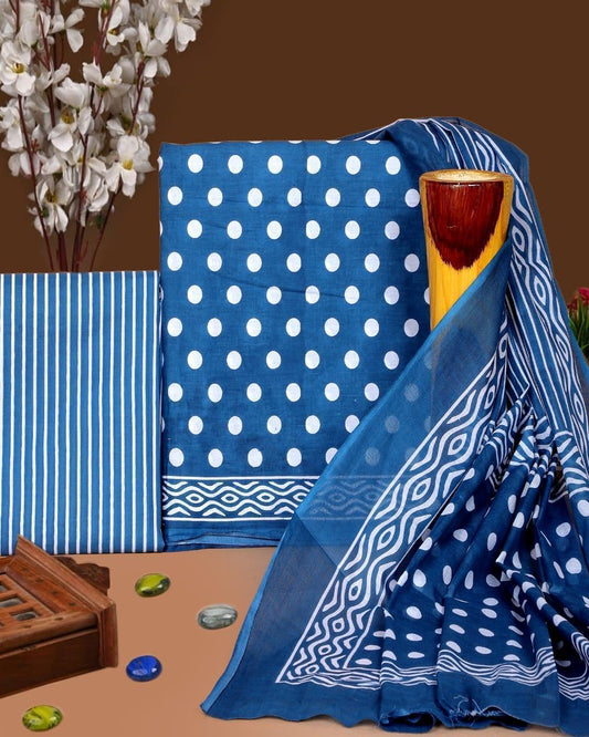 Green Hand Block Printed Cotton Suit With Cotton Dupatta