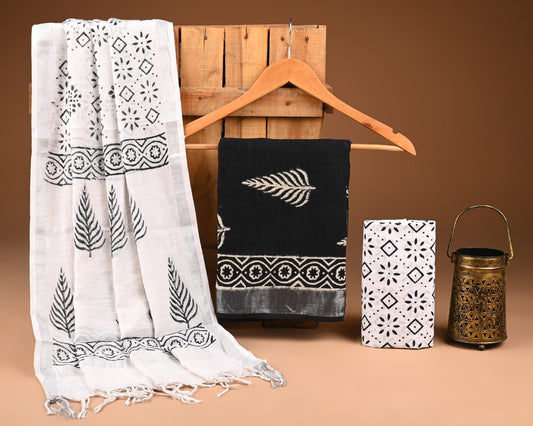 Black & White Hand Block Print Lilen Suit With Lilen Dupatta