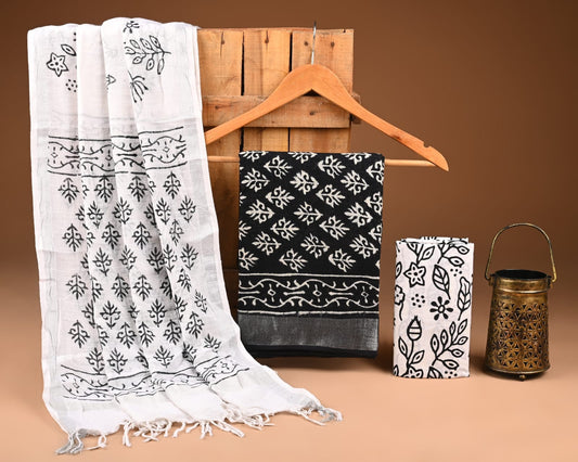 Hand Block Print Black & White Lilen Suit With Lilen Dupatta
