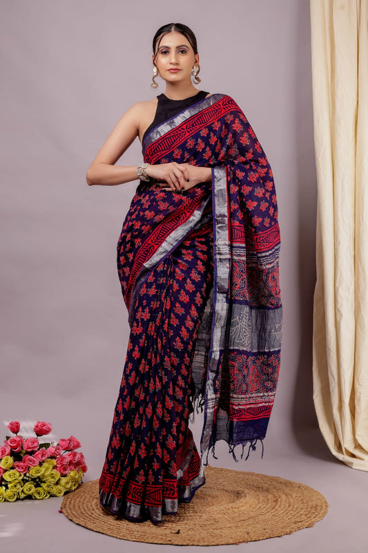Soft Linen Saree With Hand Block Prints