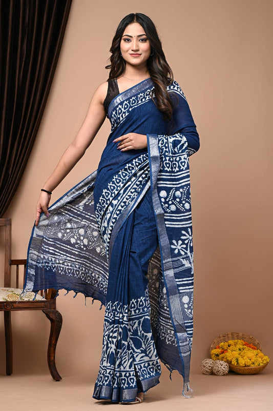 Exclusive Hand Block Printed Linen Saree