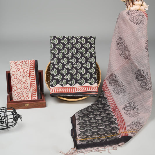 Bagru Hand Printed Organic Cotton Suit With Kota Doria Dupatta