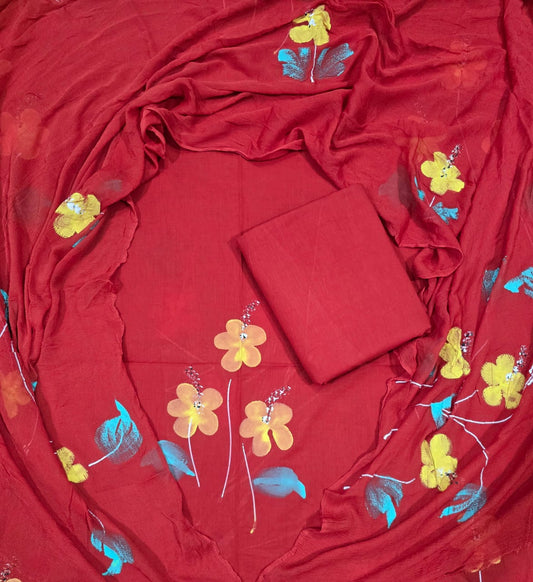 Red Hand Print Cotton Suit With Chiffon Dupatta