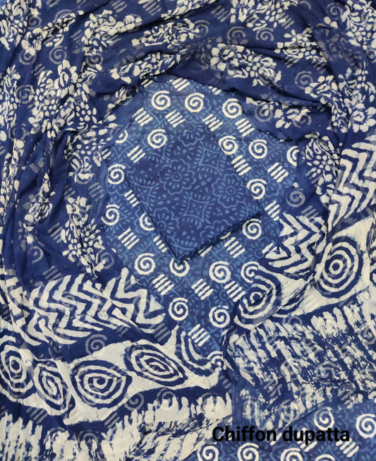 Dabu Hand Block Print Cotton Suit With Chiffon Dupatta ( 52)