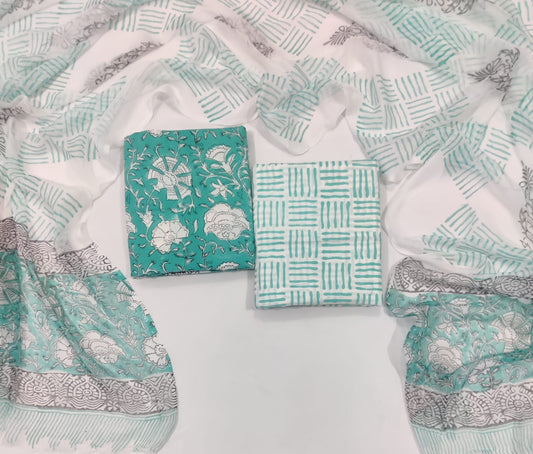 Exclusive Hand Print Cotton Suit With Chiffon Dupatta