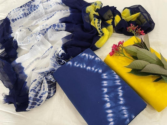 Yellow & Blue Hand Print Cotton Suit With Chiffon Dupatta (48)