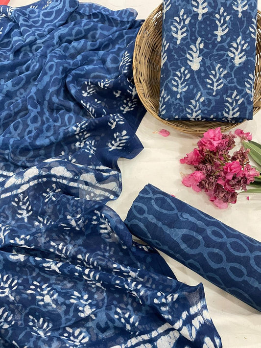 Hand Block Print Blue Cotton Suit With Chiffon Dupatta (47)