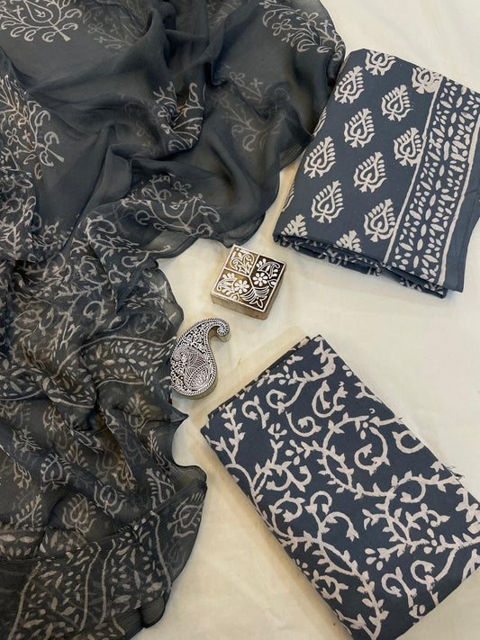 Premium Hand Block Print  Cotton Suit With chiffon Dupatta (45)